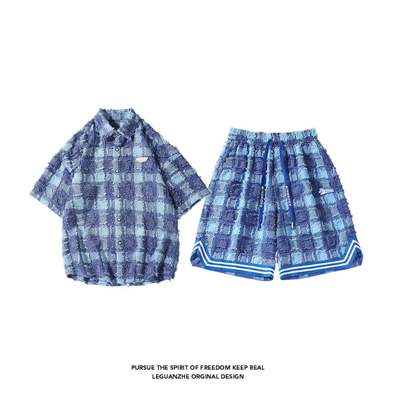 [BIGEMAN Series]★Setup★ Shirt + Shorts 2color Unisex Men's Large Size Plaid Pattern Blue Black Gray