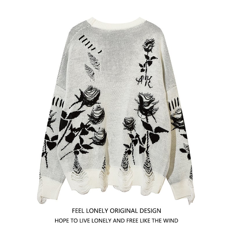 [Feel lonely series]★Sweater★ 2color tops Unisex Men's Distressed rose Harajuku style Unique