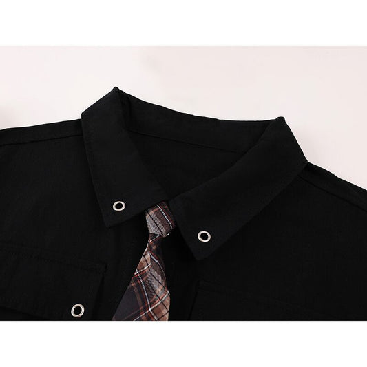 [LHSEN Series]★Shirt with tie★ Long sleeve shirt with chain Short length Plaid pattern Stylish Black