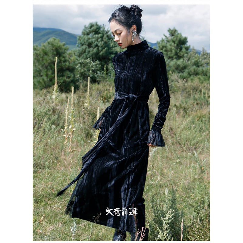 [Big Blue Dragon Series] ★China style dress★ Velvet changeover slimming black black slit