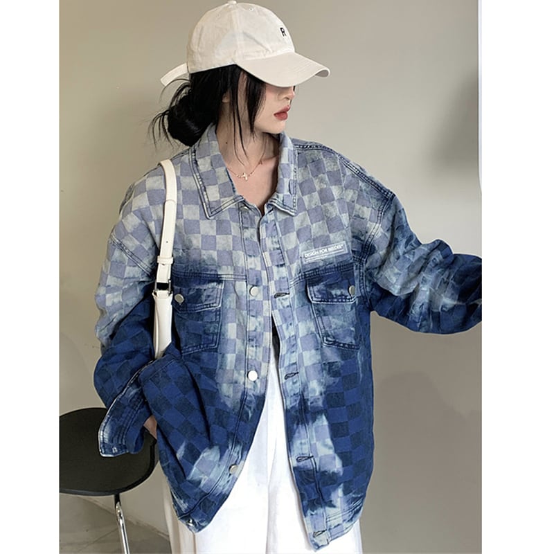 [YONGFEI Series]★Jacket★ Tops Outerwear Denim Jacket Plaid Pattern Unisex Men's Stylish Blue Blue