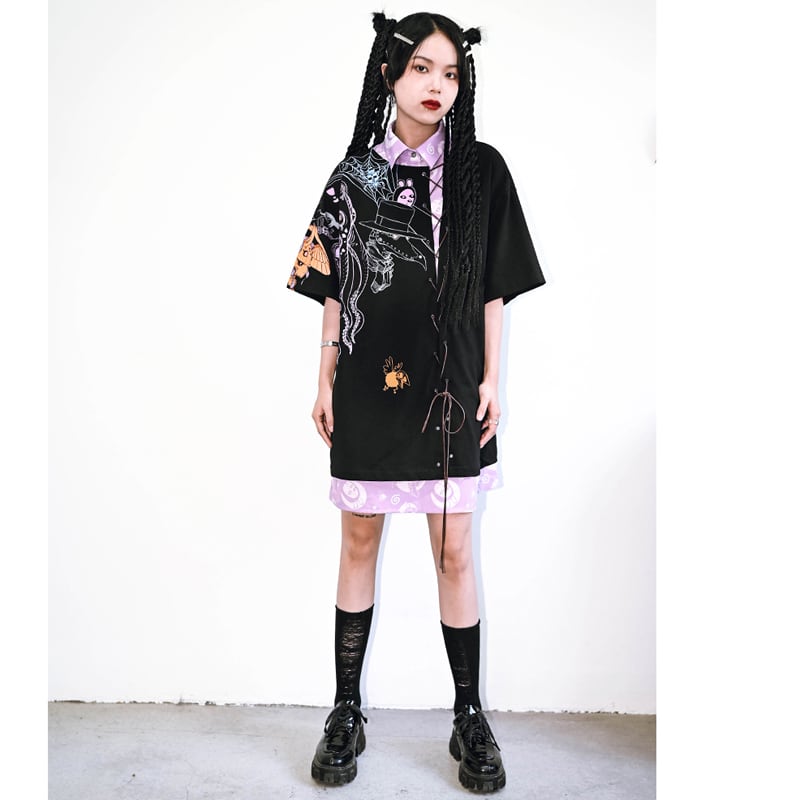 [Old Monster---Monster CLUB Series] ★One Piece★ Switching Fake Layered Black Black Short Length