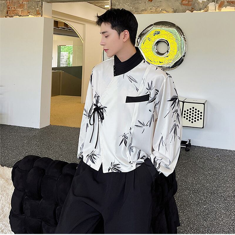 [Illustrated Series] ★China Style Shirt★ Bamboo Bamboo Pattern Tops Long Sleeve Shirt Unisex Men's Print Color Scheme