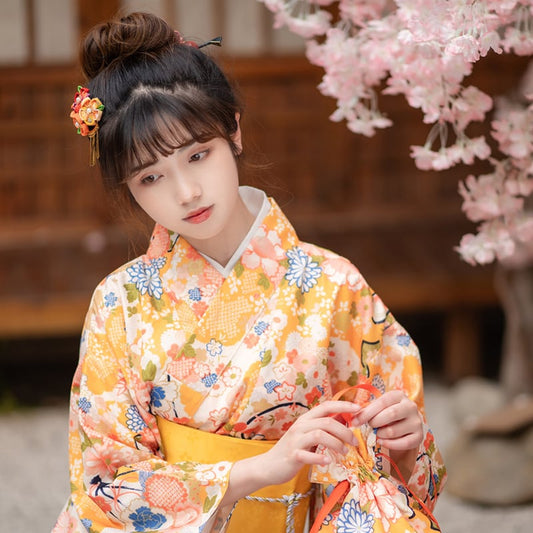 [Aoki Gen Series]★Yukata + Obi★ Yukata Yukata Fireworks Festival Festival Women Japanese Style Date Floral Cute Yellow Yellow