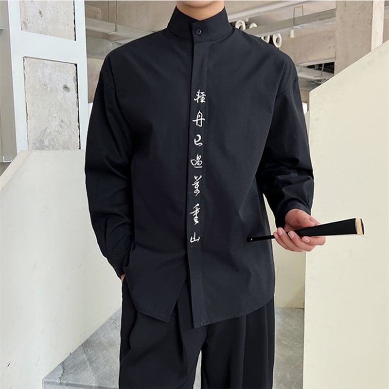 [Illustrated series] ★China style shirt★ 2color embroidery tops unisex men's black white lettering pattern