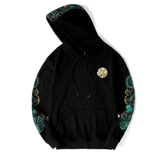 [Ryoko Series]★China style hoodie★ Tops with dragon embroidery Unisex Easy to match Large size Black Black