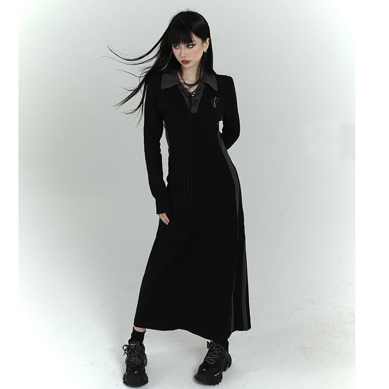 【LadyGhostシリーズ】★ワンピース★ ドレス POLOネック 着痩せ ロング丈ワンピース 可愛い S M L ブラック 黒い