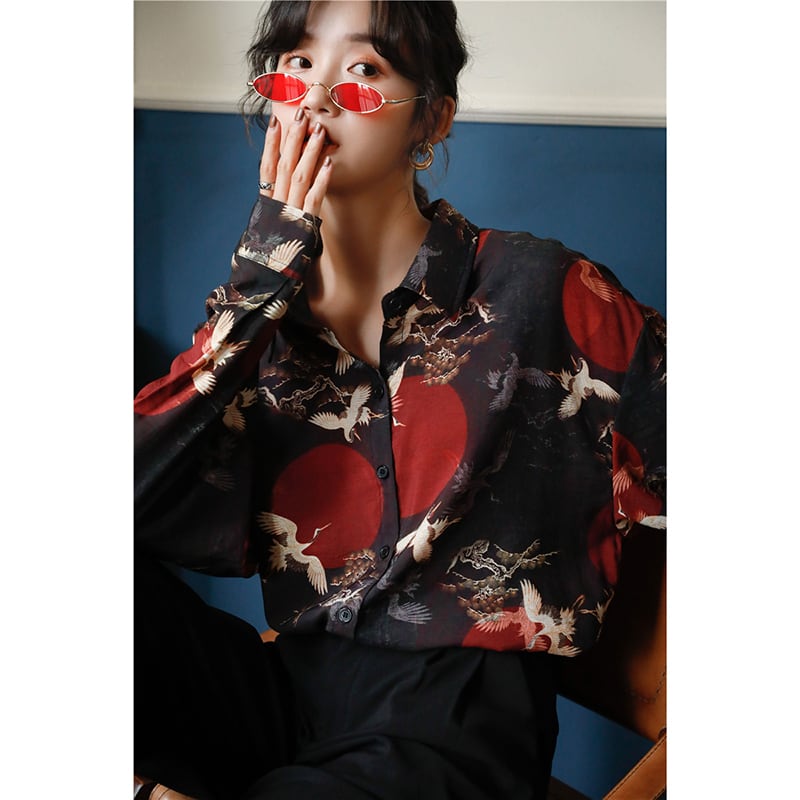 Chinese-style shirt top with crane, loose fit, retro, crane pattern, easy to match, SML, unisex, couple clothes