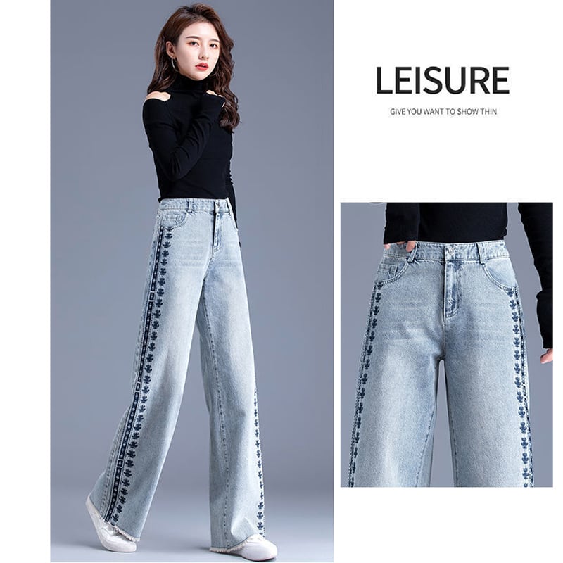 [REHUOJIALI Series] ★Denim Pants★ Embroidery Bottoms Trousers Women's Blue Blue Large Size