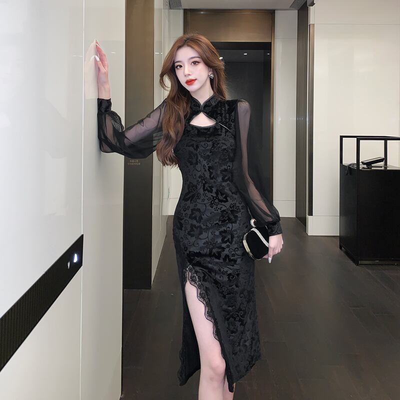 [Hundred Minute Eight Series] ★Cheongsam Dress★ Velvet Switching Floral Pattern Slimming Sexy Black Black SML XL