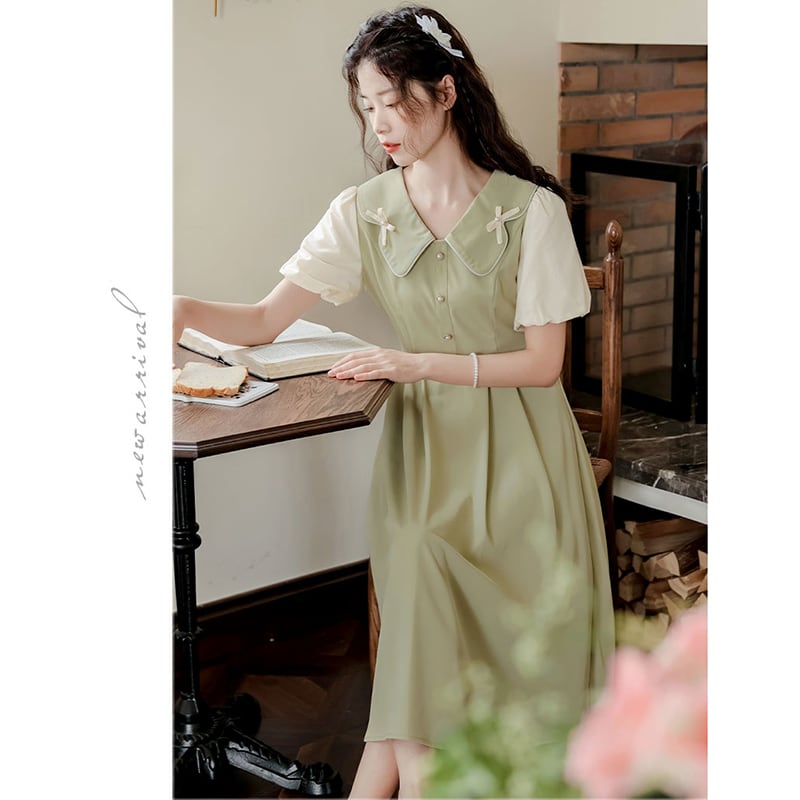 [White Moonlight Series]★China style dress★ 2color short sleeve dress summer clothes fake layered ribbon