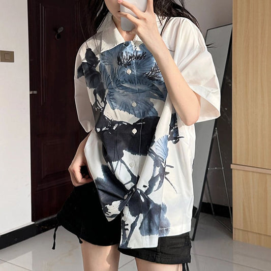 [Style Series]★China Style Shirt★ Ink Pattern Short Sleeve Shirt Tops Unisex Men's Summer Clothes Easy to Match