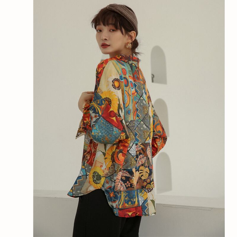 Oil painting style shirt, retro tops, long sleeves, outstanding design, SM, radically changing image, print, easy to match