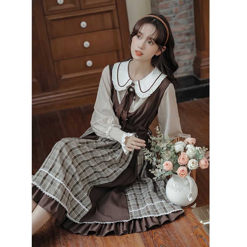 [DACHENGZI Series] ★Dress★ Fake Layered Dress Checkered Pattern Cute Retro S M L XL