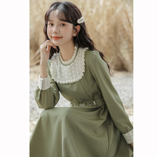 [Ali Series]★Chinese style dress★ Embroidery long sleeve dress Women's Switchable Easy to match Cute Green