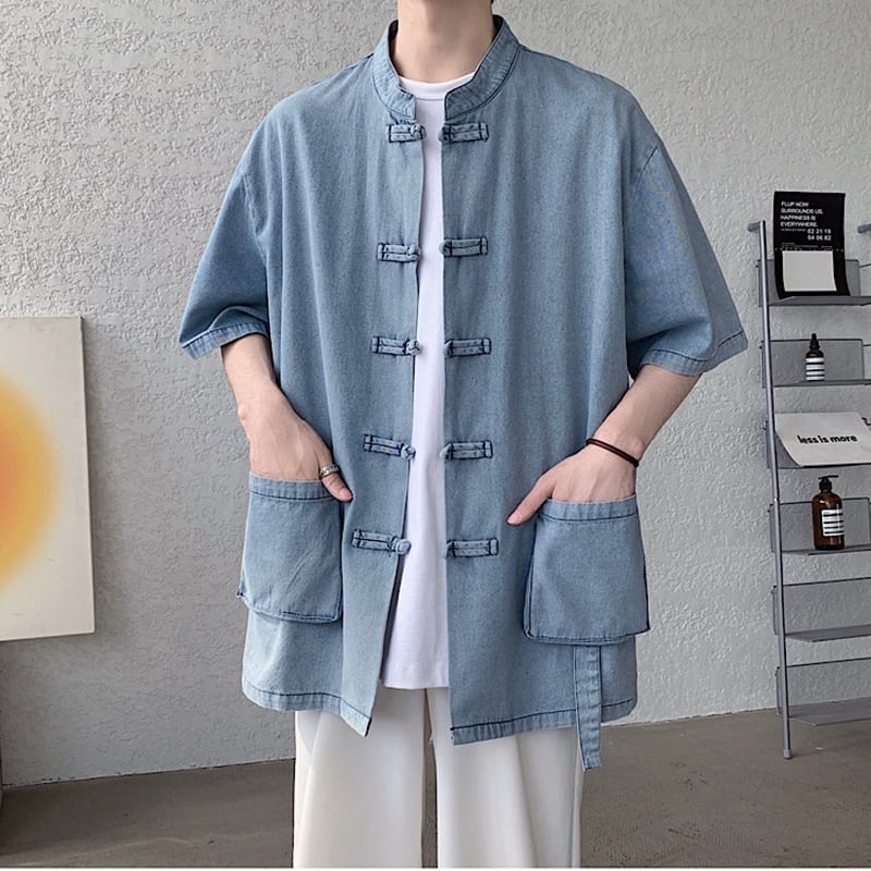 [YISHUO Series]★Chinese style shirt★ 2color Unisex Men's Large Size Denim Shirt Chinese Clothes Blue