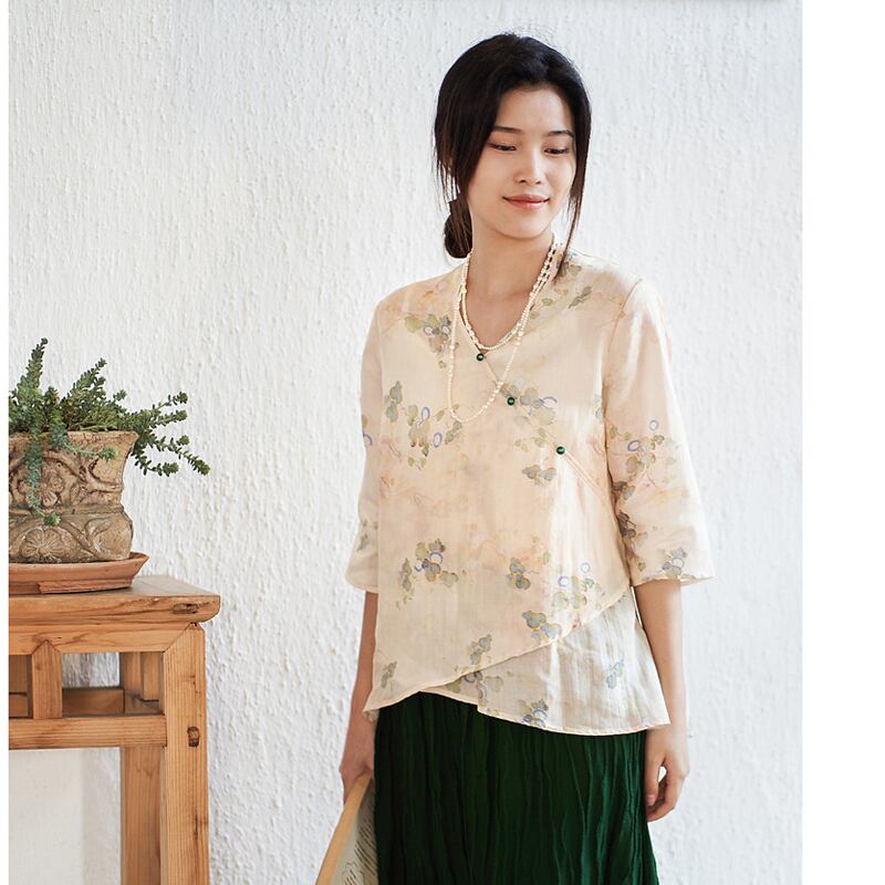 [CHONGER Series]★China style tops★ Shirt Improved temperament Improved Tang suit V neck Thin print