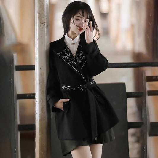 [Dust smoke cloud dream---Bamboo series] ★China style coat★ Lasha embroidery Chinese clothes, everyday wear, cute, easy to match, black, black