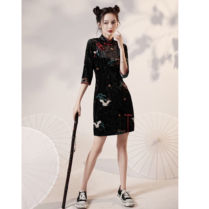 [YUEQIAO Series]★Cheongsam dress★Short length crane velvet Chinese style dress slimming