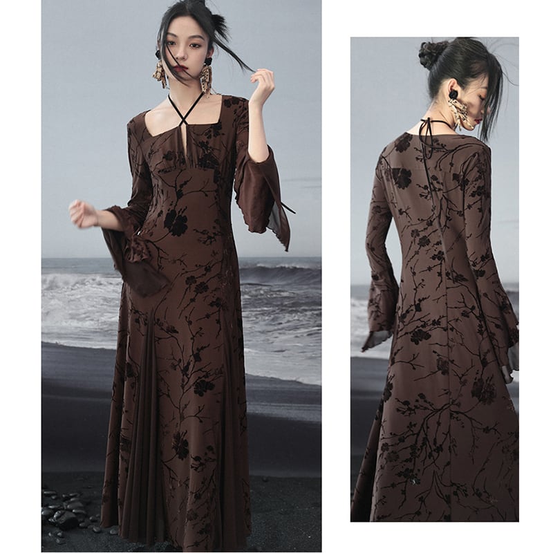 [Da Qinglong Shu Series] ★Chinese style dress★ Floral pattern, long length, long sleeve shirt, Chinese clothes, original, coffee color