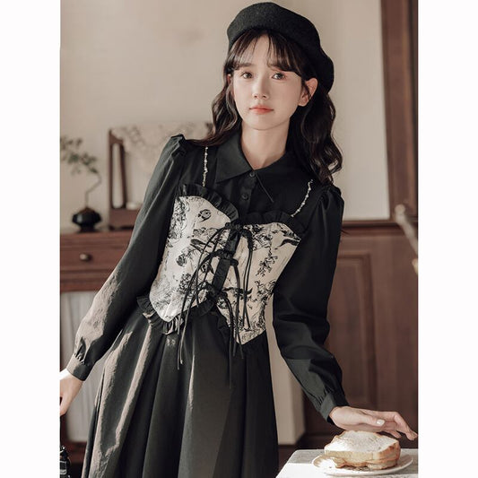 [Shukunsho series] ★China style dress★ 2color fake layered ladies cute retro autumn clothes black coffee color