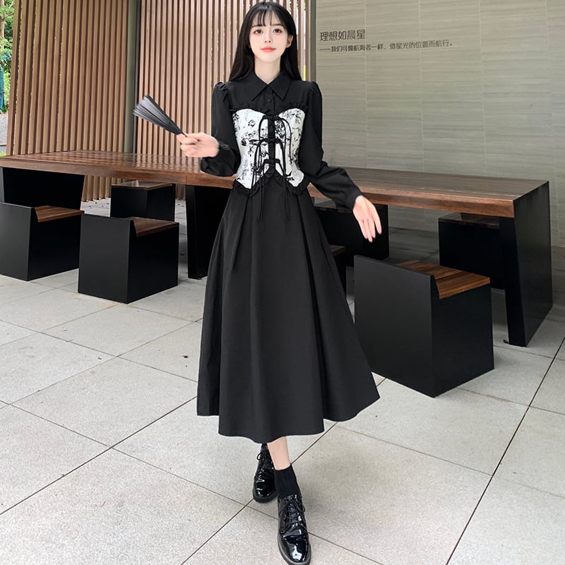 [Dong Xiaojie Series] ★China style dress★ Ink pattern long sleeve dress long length dress black black large size slimming