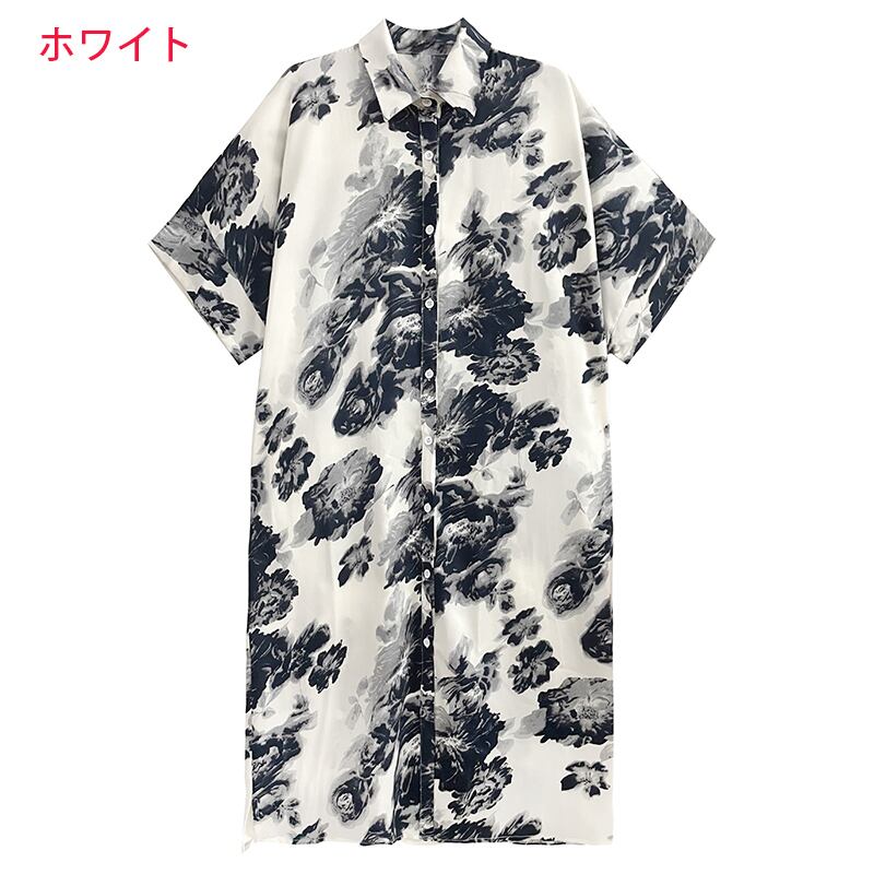 [YIDAO Series]★Shirt dress★ 2color long shirt print retro floral pattern loose casual summer clothes