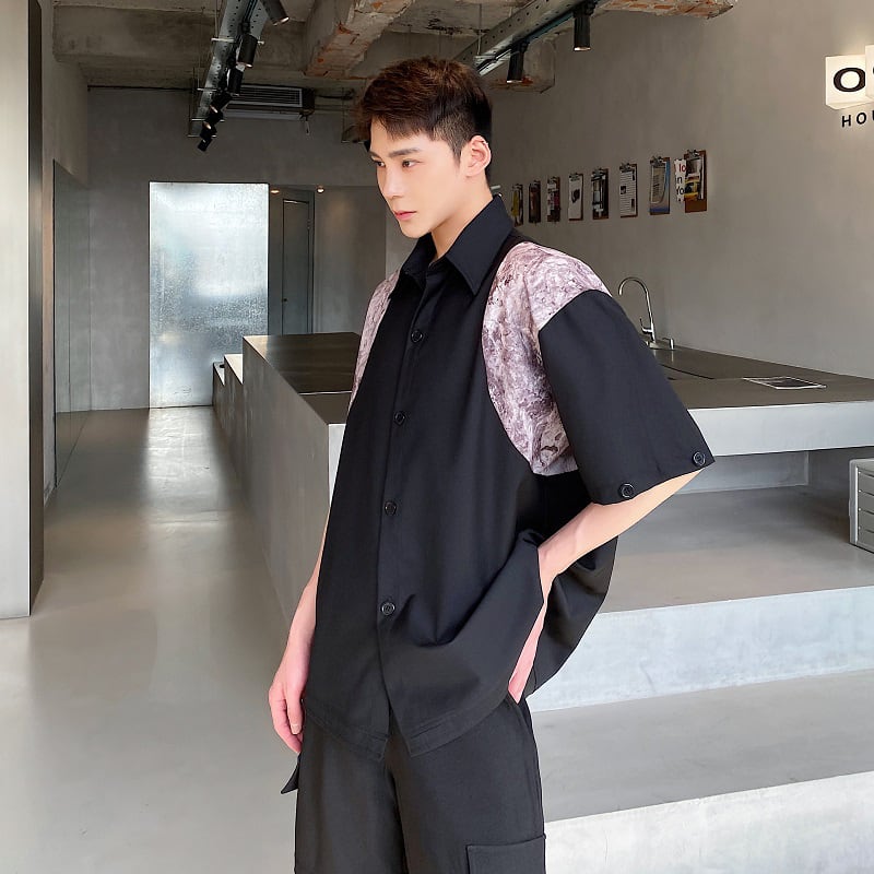 [Illustrated Series]★Shirt★Tops Unisex Men's Black Switchable Sleeves Removable Simple