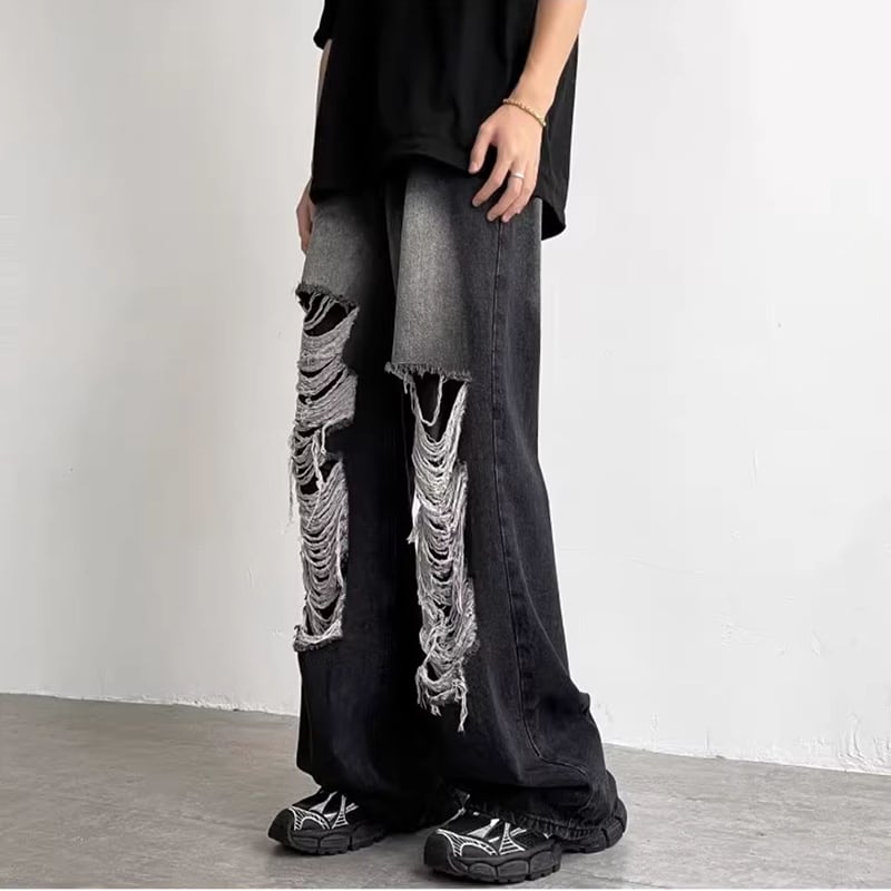 [Leonbinno Series]★Denim pants★ 2color bottoms pants unisex men's distressed fashion black blue