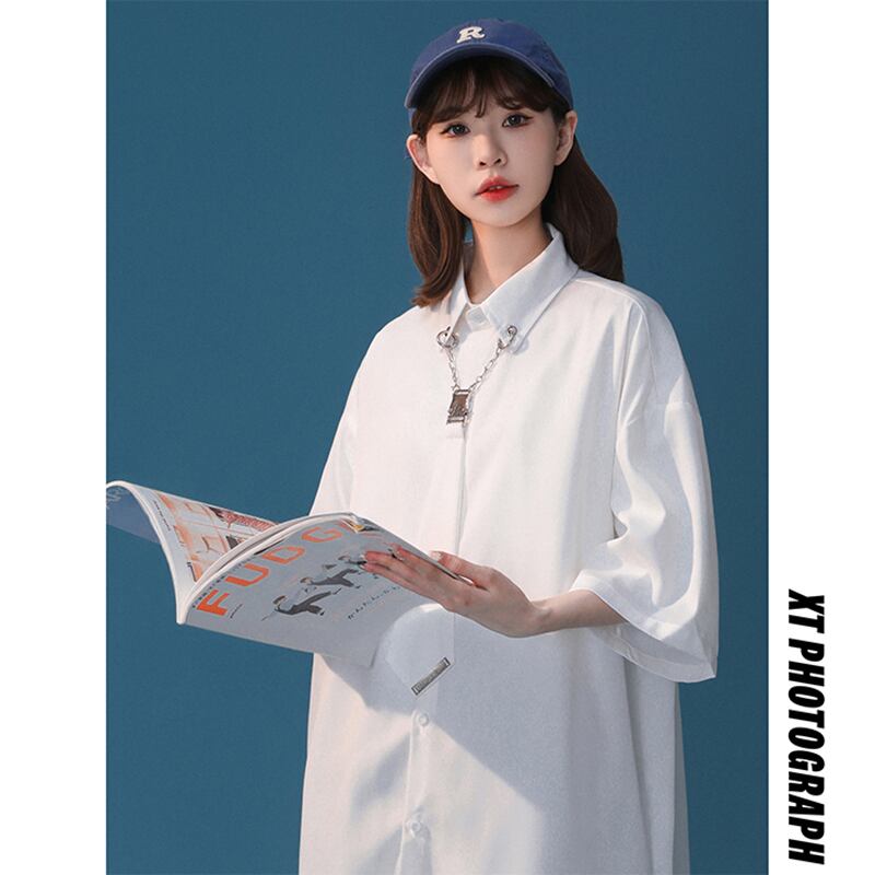 [Fujiiman Series]★Shirt with tie★ 2color tops Loose fit Unisex Men's White Black