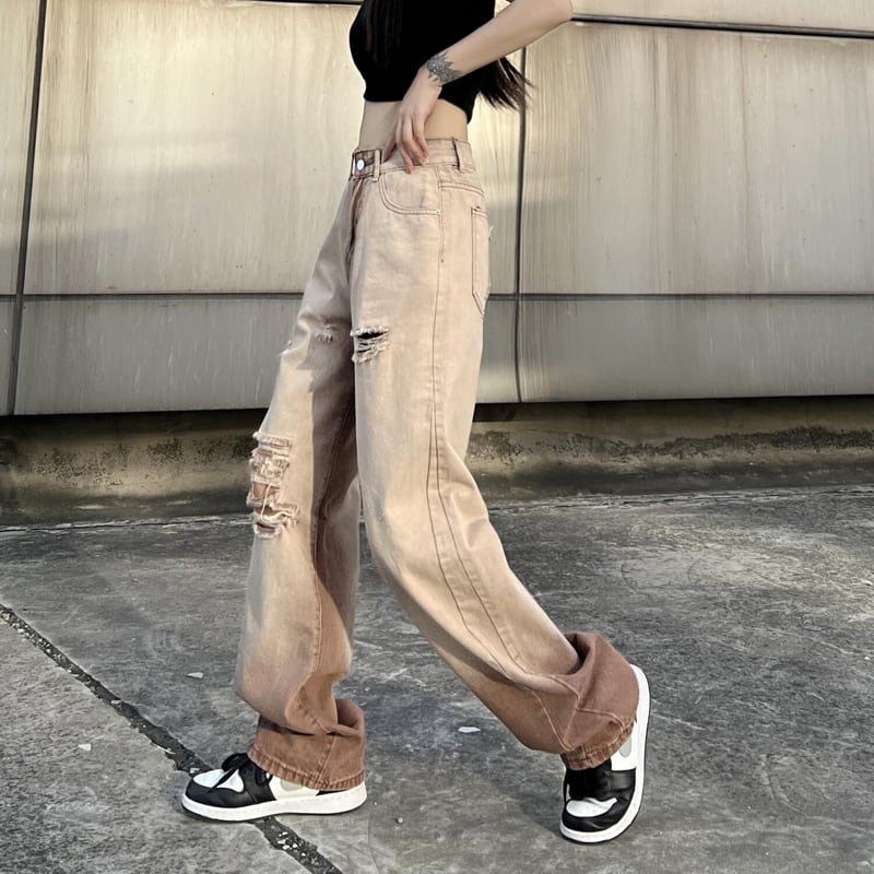 [SUFEI Series]★Denim Pants★ Trousers Bottoms Casual Distressed Unisex Brown Fashion