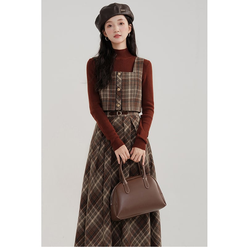 [Kiyi series]★Setup★Checked pattern vest + checked pattern skirt Retro cute Daterasha