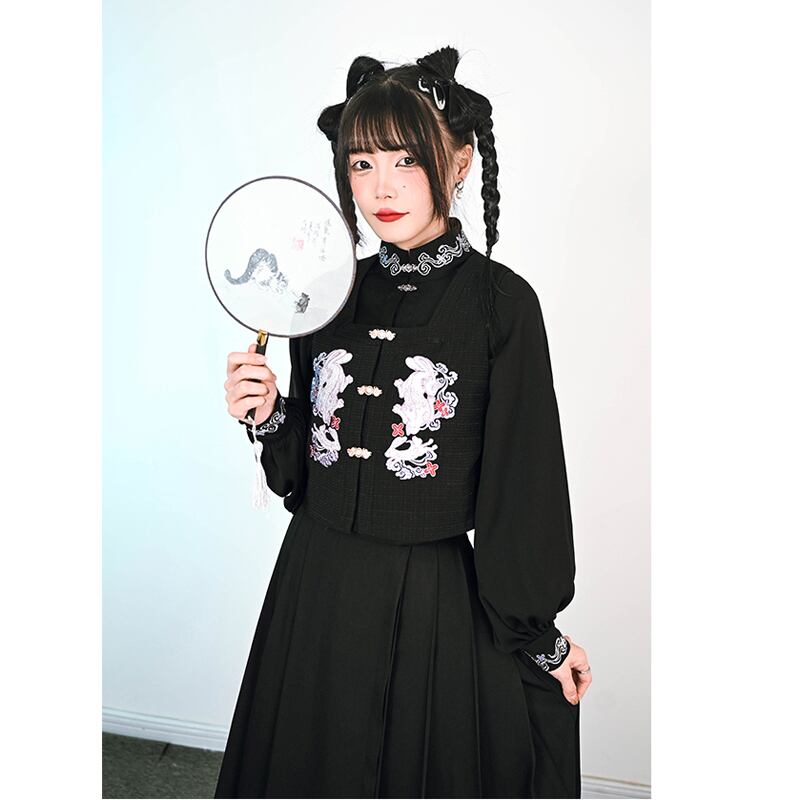 [Old Monster---Rabbit Series] ★China style tops★ Best Original Rabbit Embroidery Black Black Easy to match