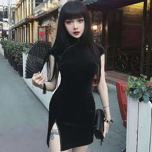 [TT Series] ★Mini length Chinese dress★ Sexy velvet dress SML black slimming slim