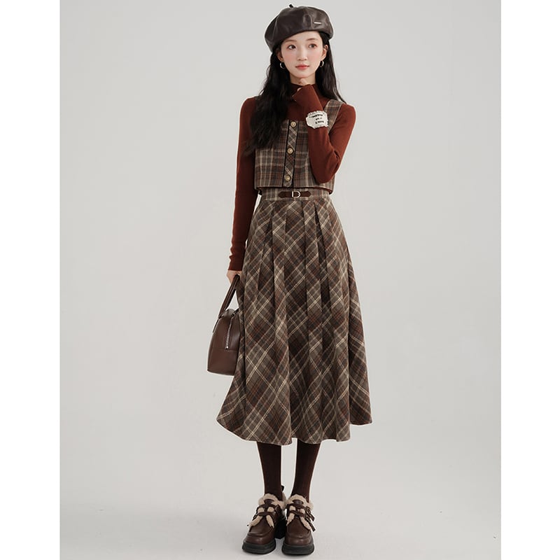 [Kiyi series]★Setup★Checked pattern vest + checked pattern skirt Retro cute Daterasha