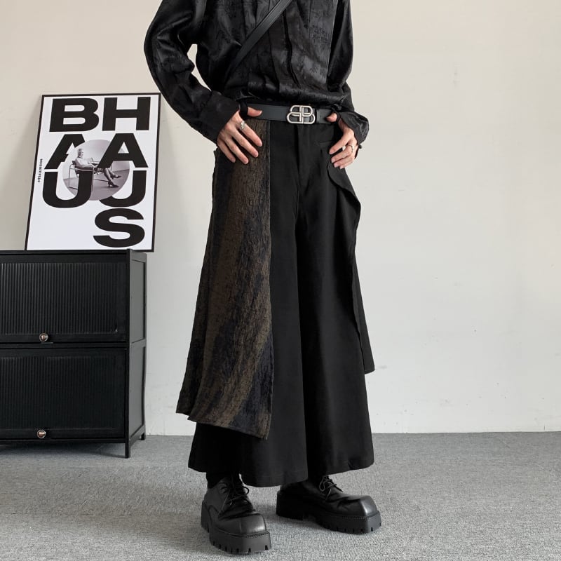 [Illustrated series]★China style trousers★ Gaucho pants, irregular, unisex, men's, nine-quarter length, black, black switching