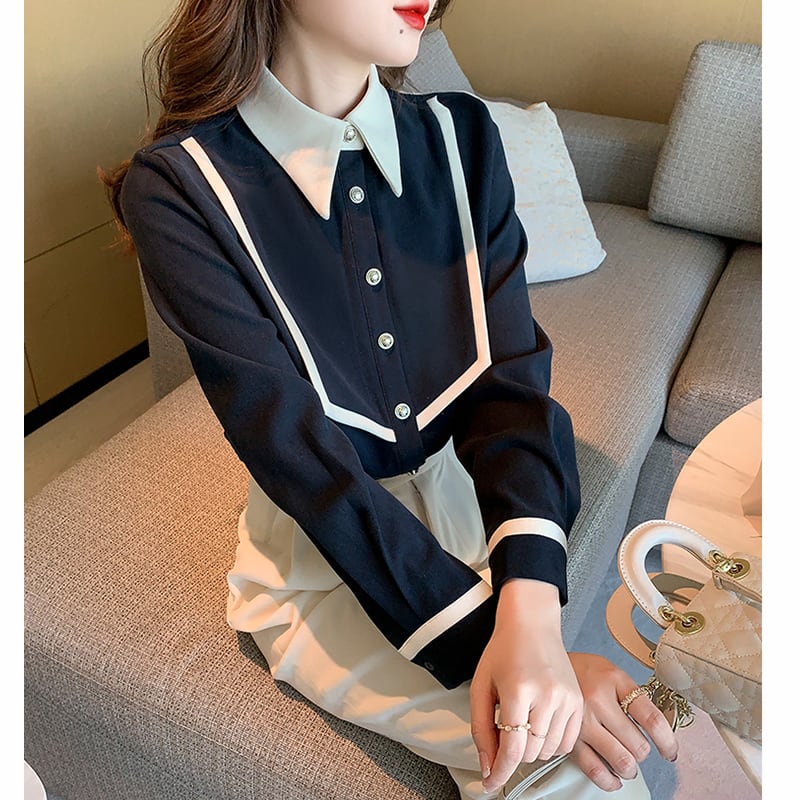 [Kaederin Series]★Shirt★ 2color Tops Women's Temperament Enhancement Fashion Commuting Date Navy Apricot