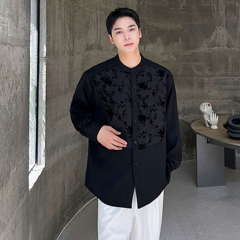 [Illustrated series] ★China style shirt★ 2color tops unisex men's black red floral pattern switching