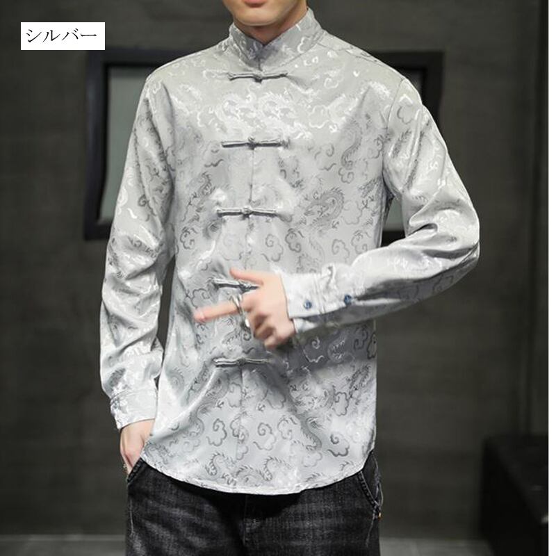 [BITIWO Series]★China style shirt★ Men's 6color tops Dragon crest large size black white blue silver yellow red thin