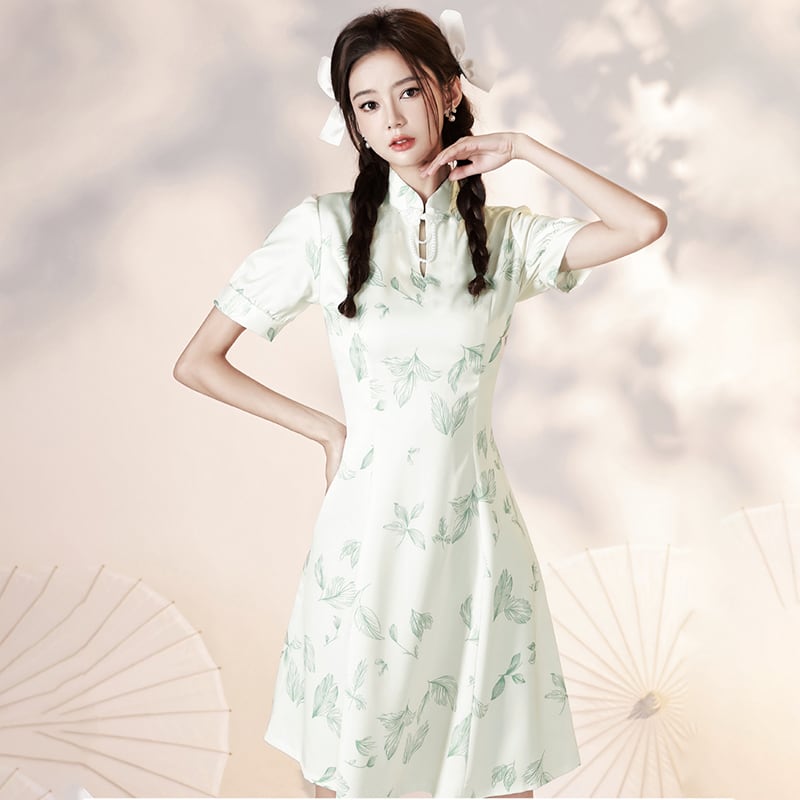 [YUEQIAO series]★Cheongsam dress★ 2color short length Chinese style dress Beige Green