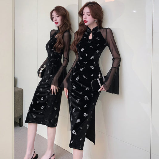 [Eighteen Impression Series]★China Dress★ Velvet Switching Rose Slimming Sexy Black Black SML