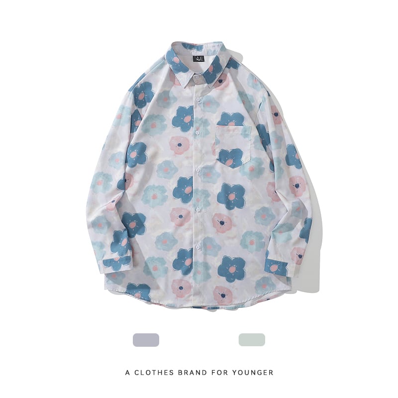 [MOISHE TIDE Series]★Floral pattern shirt★ 2color tops long sleeve shirt spring/summer ML XL 2XL unisex men's green blue