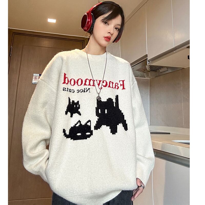 【PPGシリーズ】★セーター★ 2color トップス 男女兼用 メンズ ネコ ねこ 猫 可愛い カートゥーン 合わせやすい