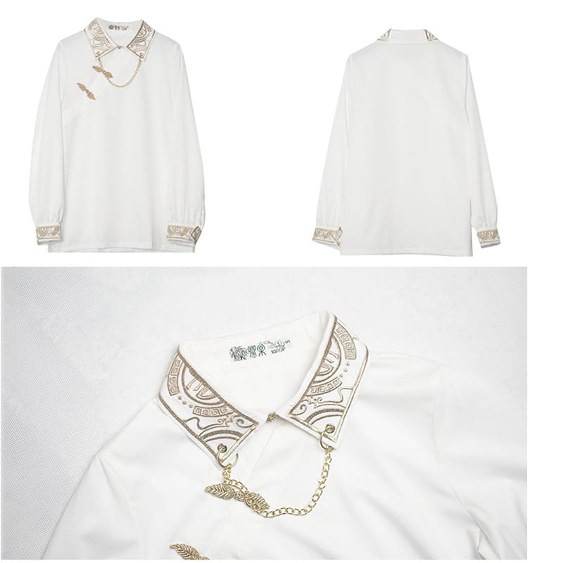 [Kyoto Series] ★China Style Shirt★ Tops Embroidered with Chain Men's White Men's Long Sleeve