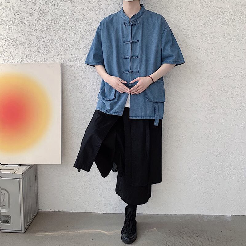 [YISHUO Series]★Chinese style shirt★ 2color Unisex Men's Large Size Denim Shirt Chinese Clothes Blue