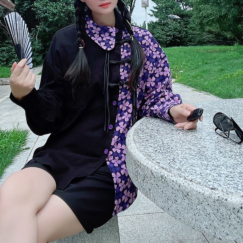 [Li Muyi Series]★China Style Shirt★ Tops Long Sleeve Shirt Switching Floral Pattern Black Black Purple Original