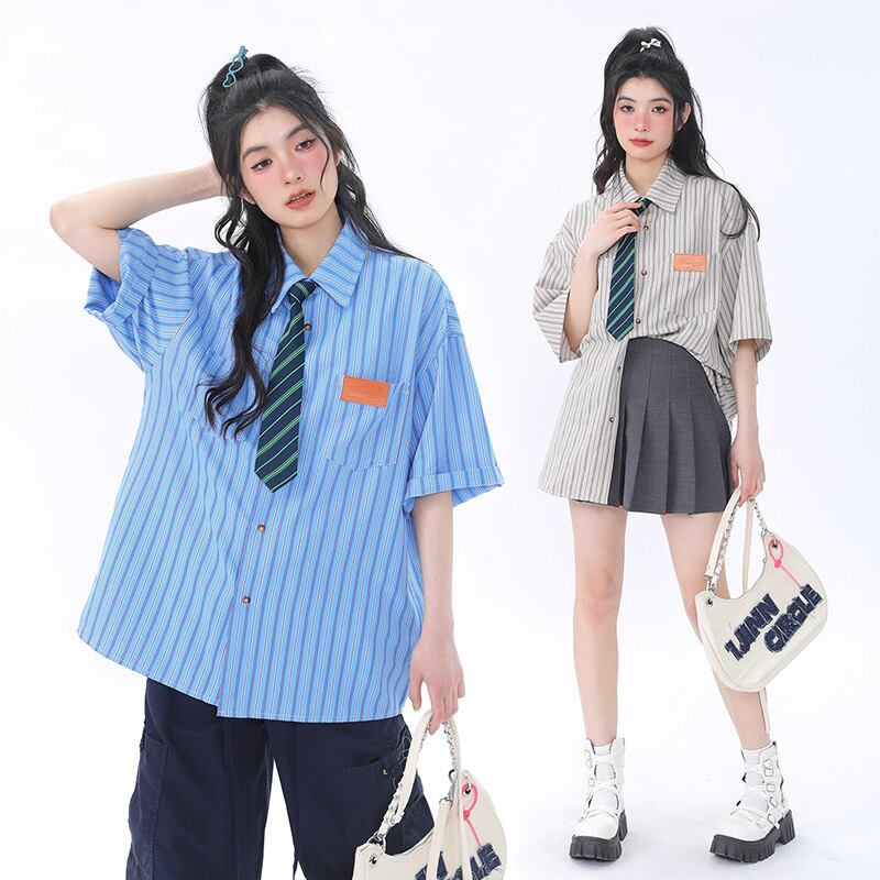 [Escaped Earth Series]★Shirt with tie★ 3color tops, short sleeve shirt, unisex, men's, vertical stripes, striped pattern, loose fit