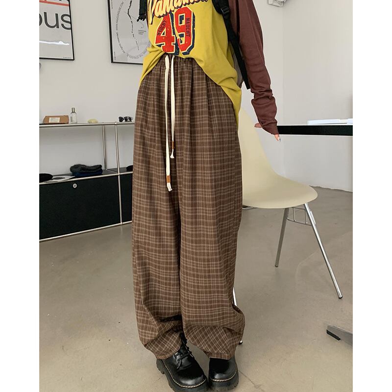 [Kumikumi Series] ★Casual Pants★ 2color Bottoms Trousers Casual Plaid Pattern Black Coffee Color Elastic Waist