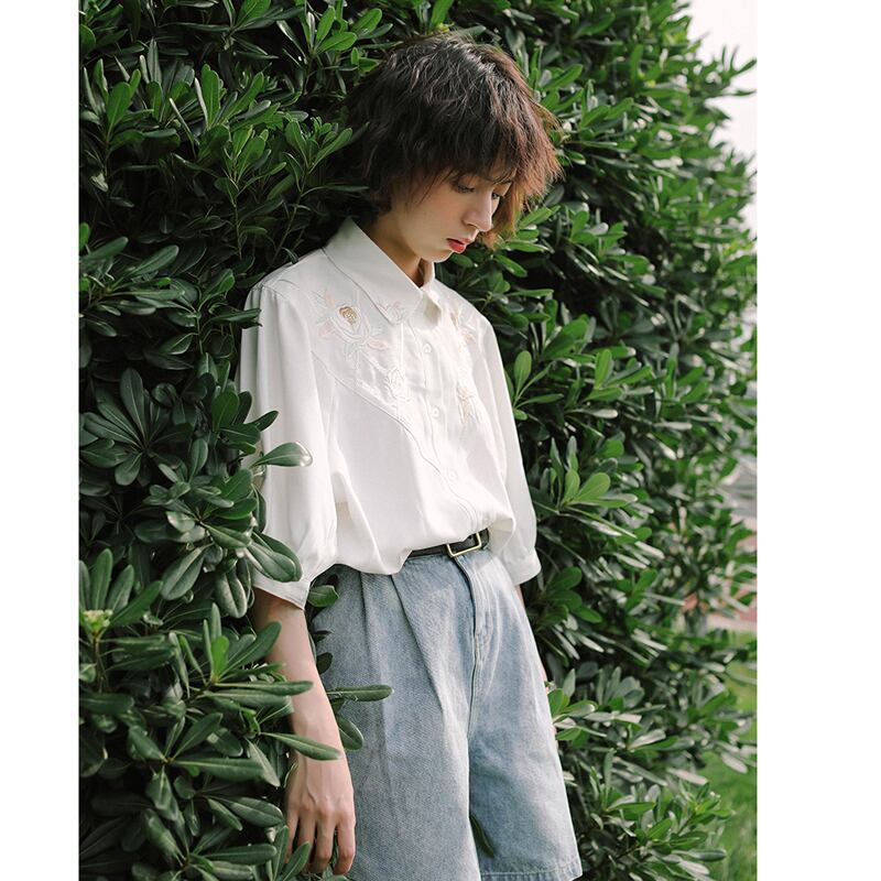 [Yang's Great Dream Series]★China Style Shirt★ Tops Embroidery Bubble Sleeves Short Sleeves White White Improves Temperament