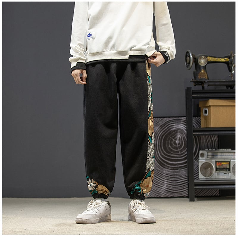 [Small trouble series] ★ Chinese style pants ★ Casual pants 4 colors Black or beige Embroidery Floral pattern Unisex Large size